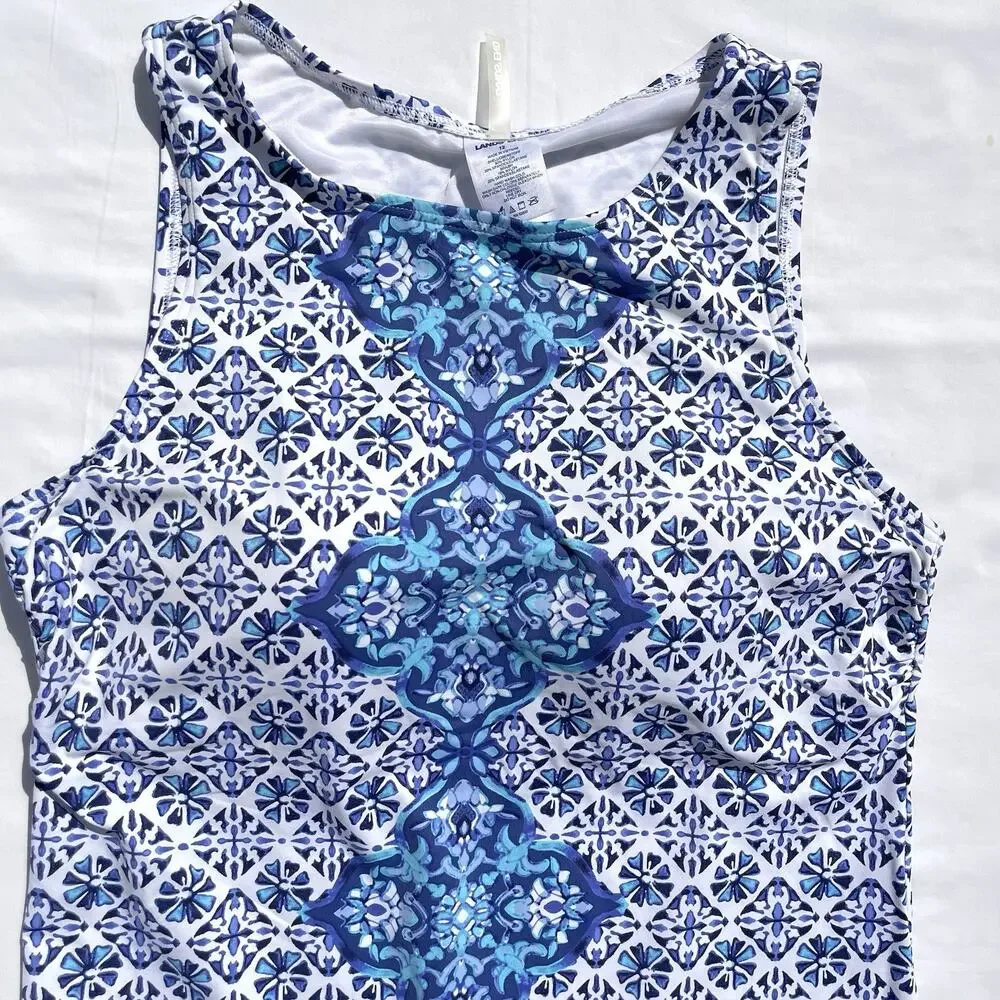 Lands' End Blue and White Tile-Print Tankini with Royal Blue Swim Shorts